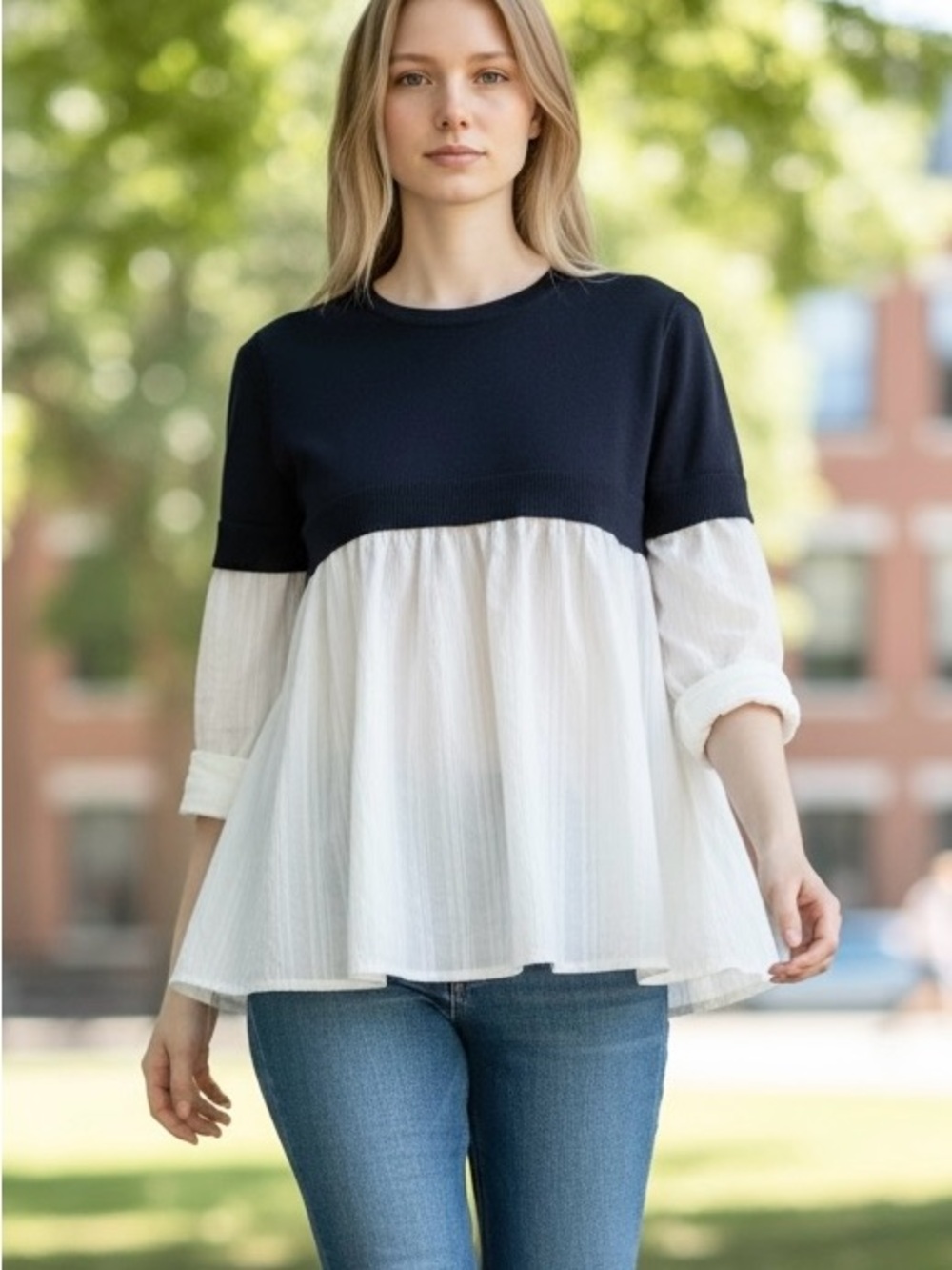 English Factory Navy and White Two-Tone Babydoll Top